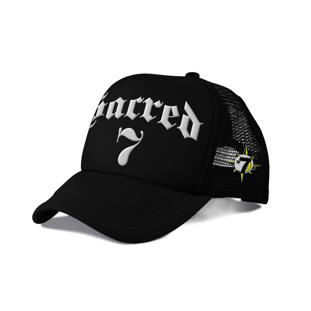 Sacred 7 Embroidered Trucker - Black & White