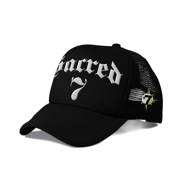 Sacred 7 Embroidered Trucker - Black & White