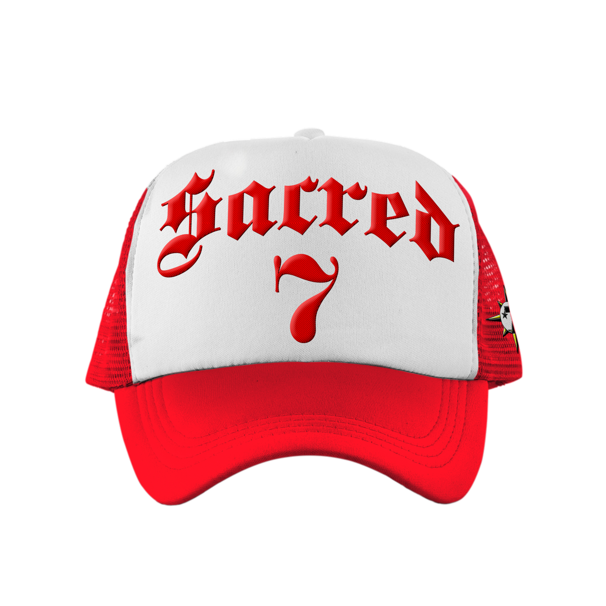 Sacred 7 Embroidered Trucker - White & Red W/ Red