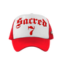 Sacred 7 Embroidered Trucker - White & Red W/ Red