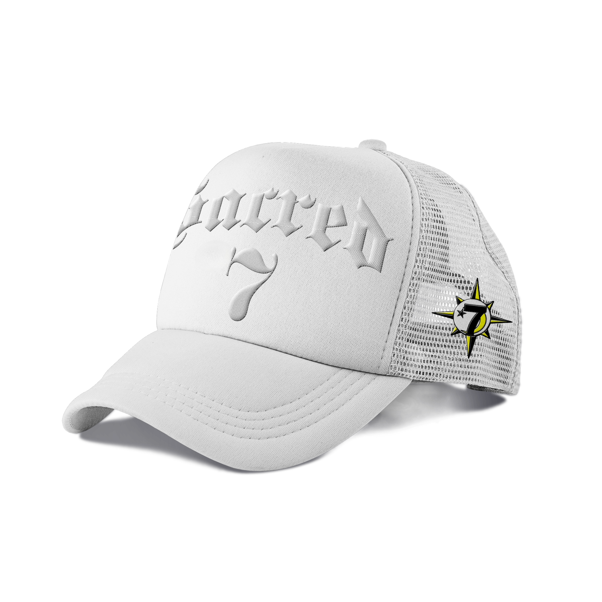 Sacred 7 Embroidered Trucker - White On White