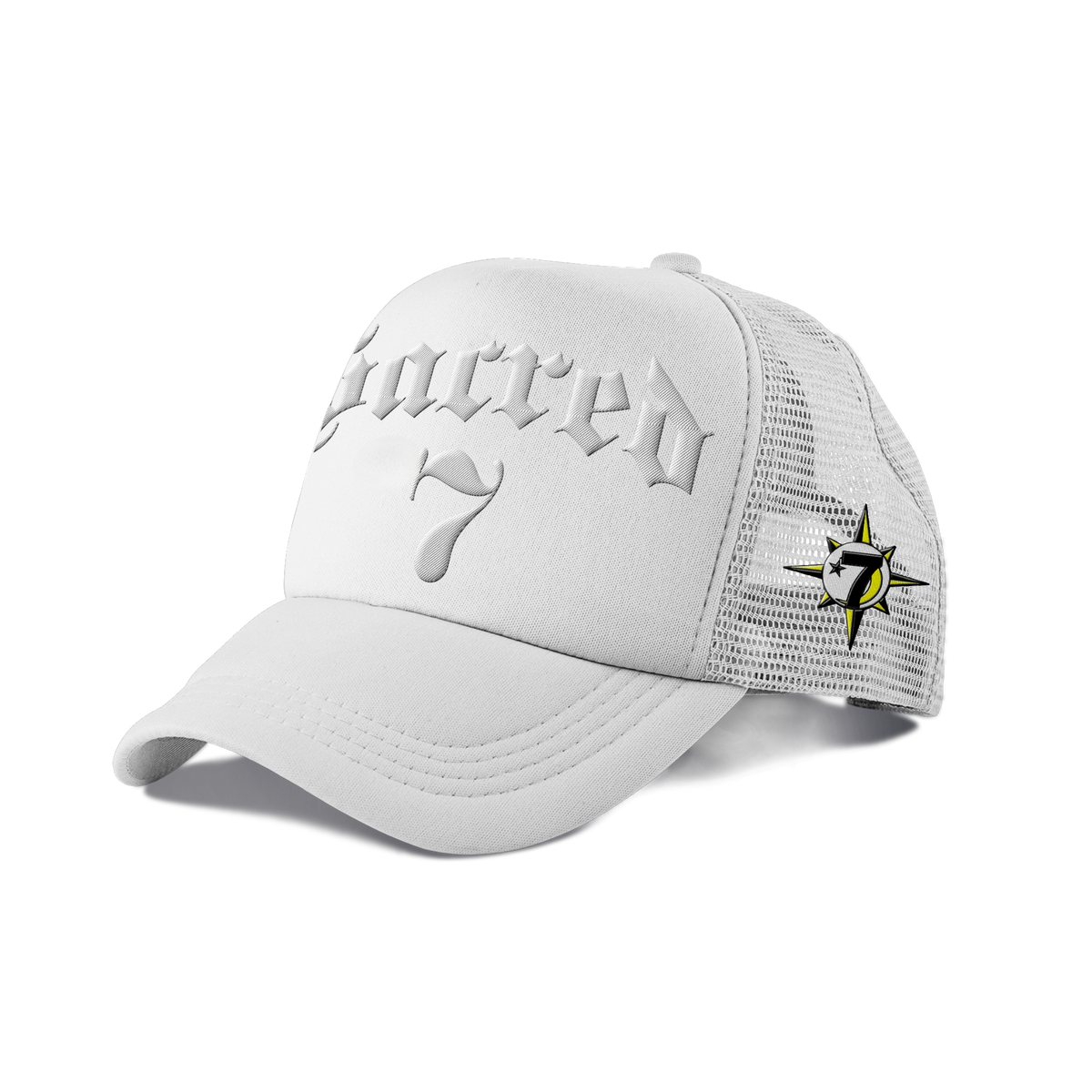 Sacred 7 Embroidered Trucker - White On White