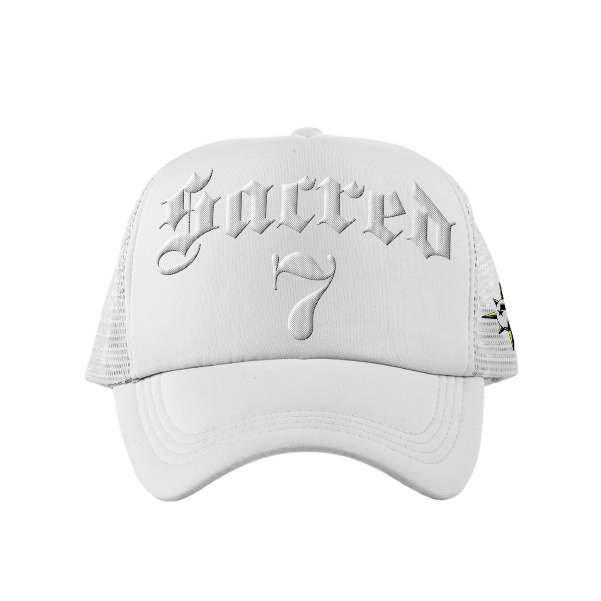 Sacred 7 Embroidered Trucker - White On White