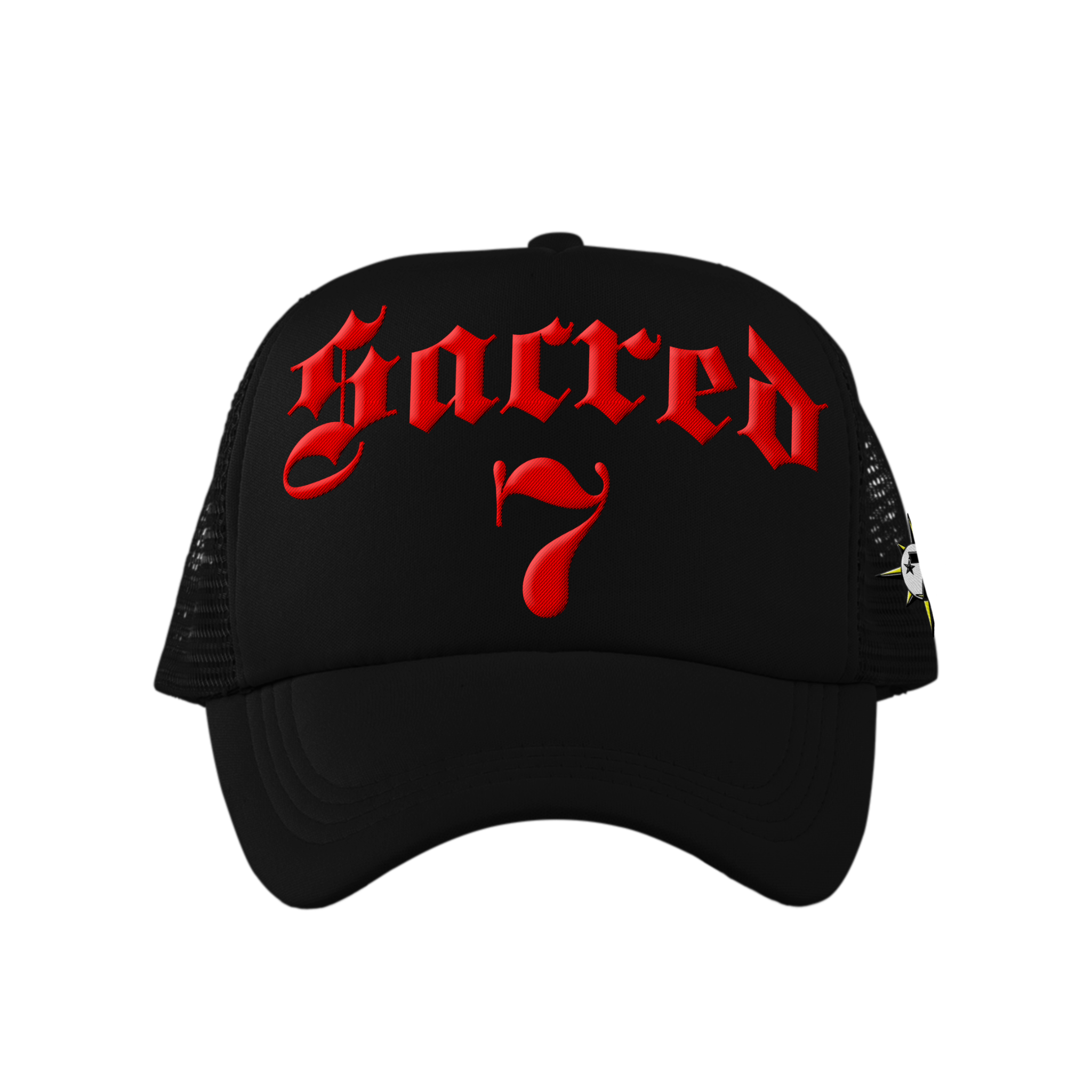 Sacred 7 Embroidered Trucker - Black On Red
