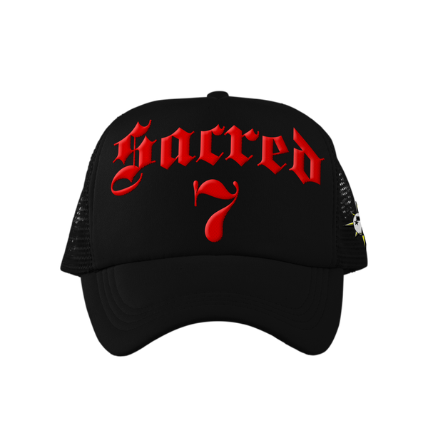 Sacred 7 Embroidered Trucker - Black On Red