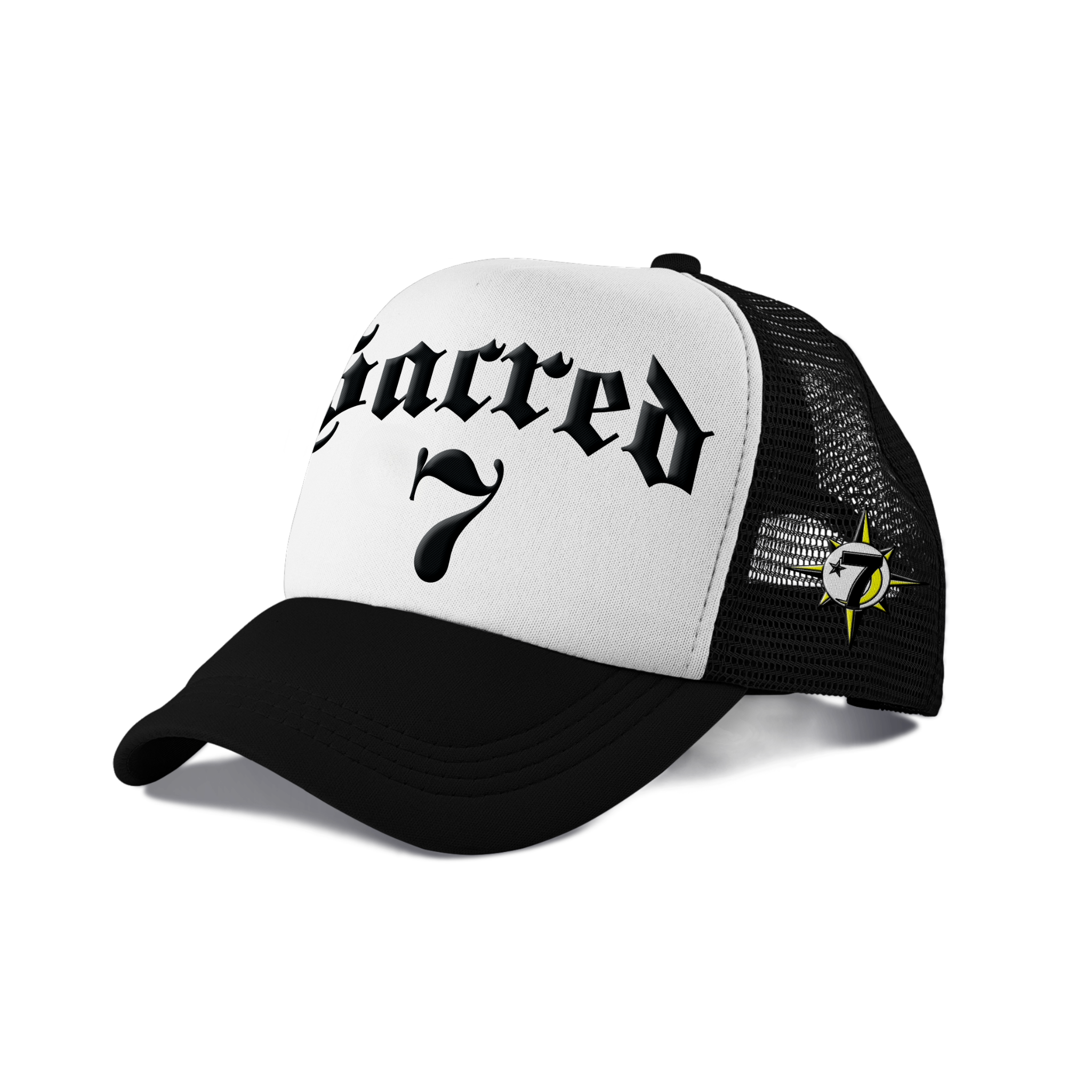 Sacred 7 Embroidered Trucker - Black & White W/ Black