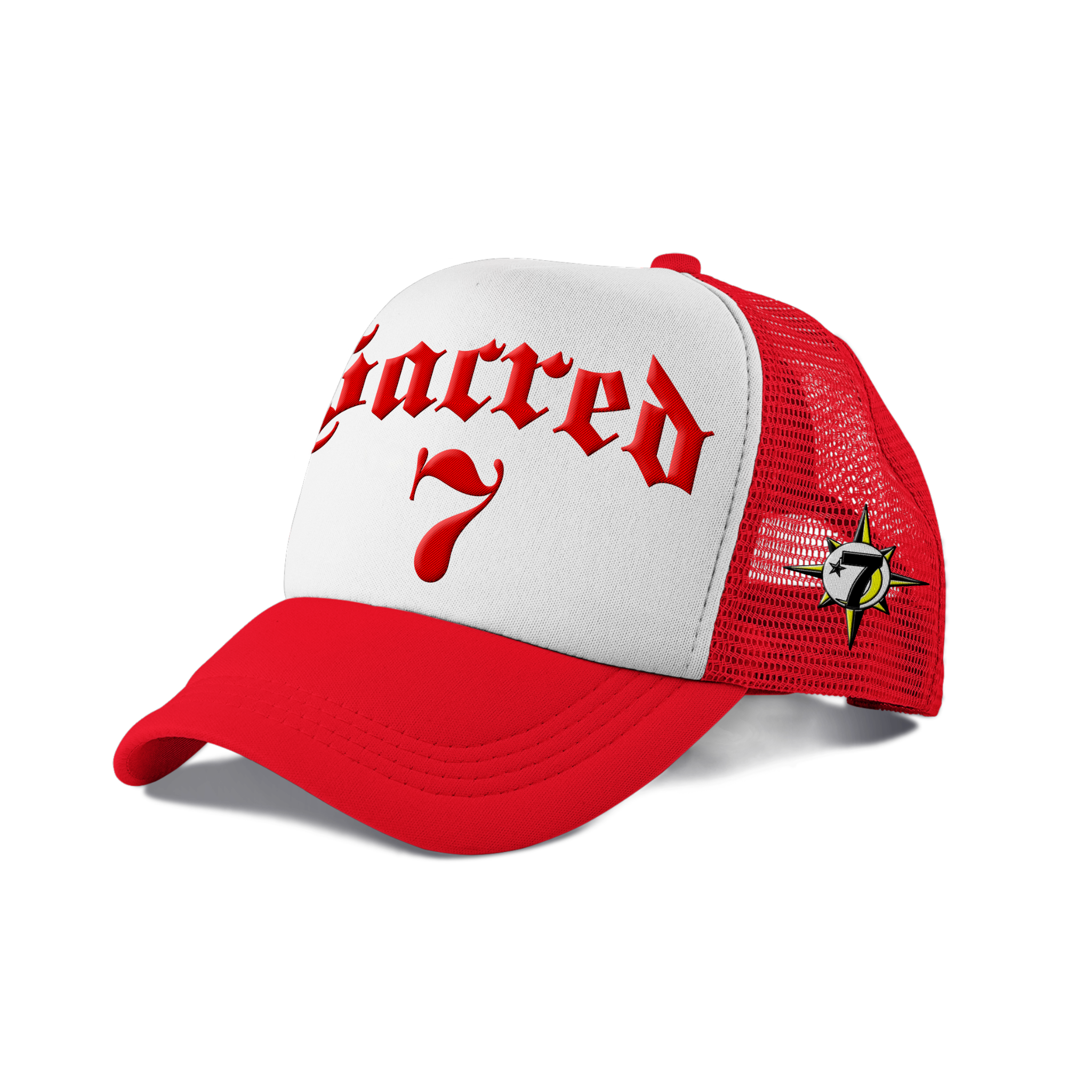Sacred 7 Embroidered Trucker - White & Red W/ Red