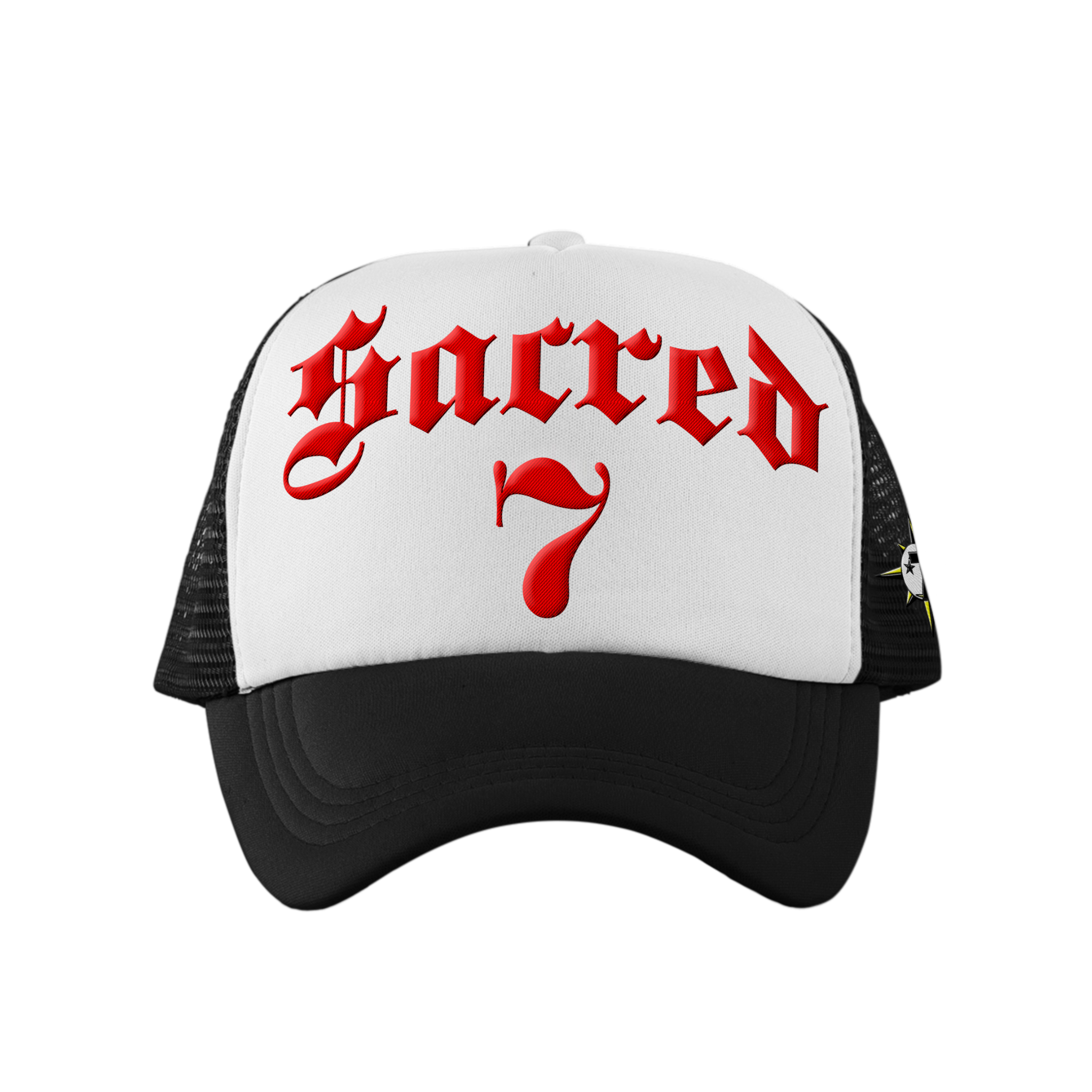 Sacred 7 Embroidered Trucker - Black & White W/ Red