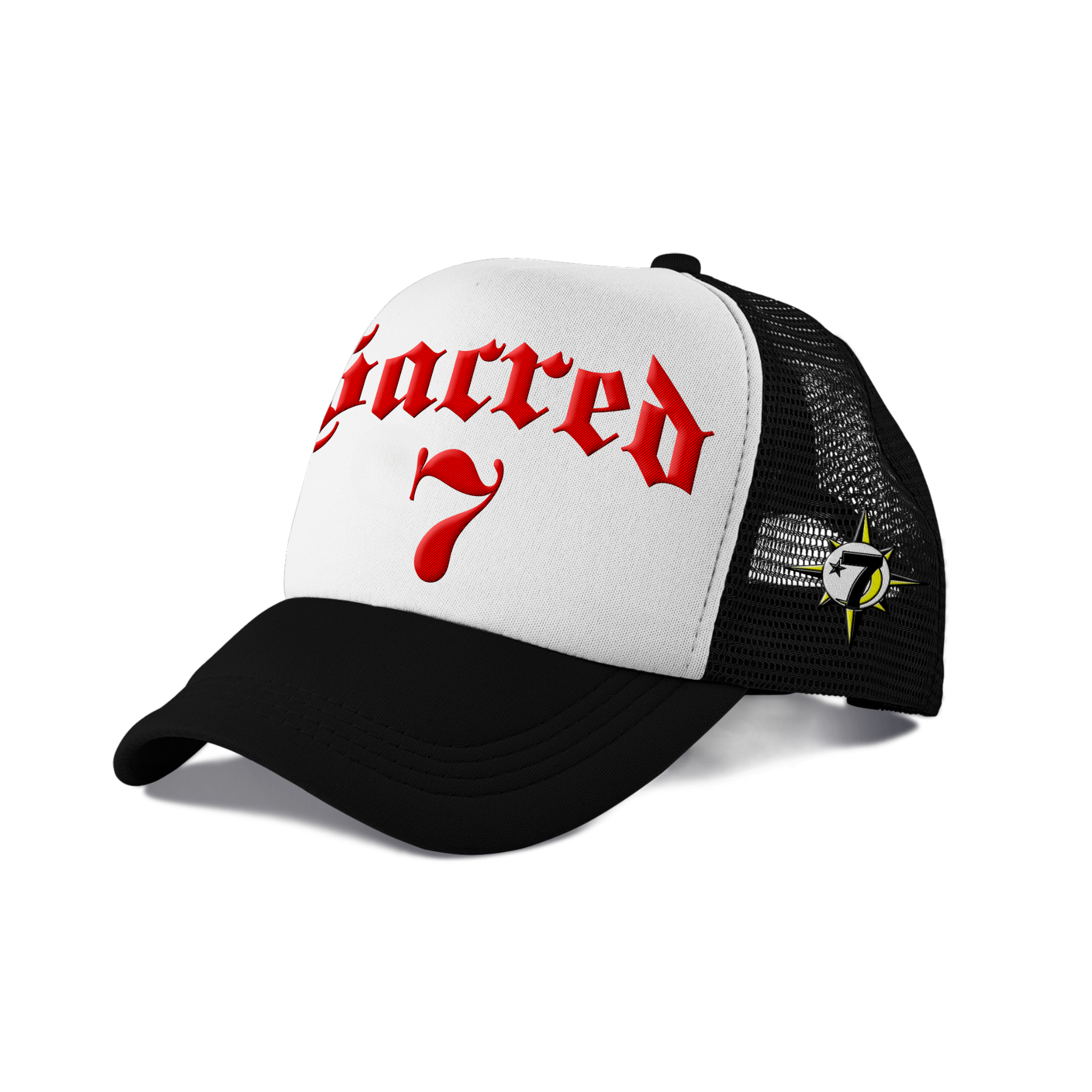 Sacred 7 Embroidered Trucker - Black & White W/ Red