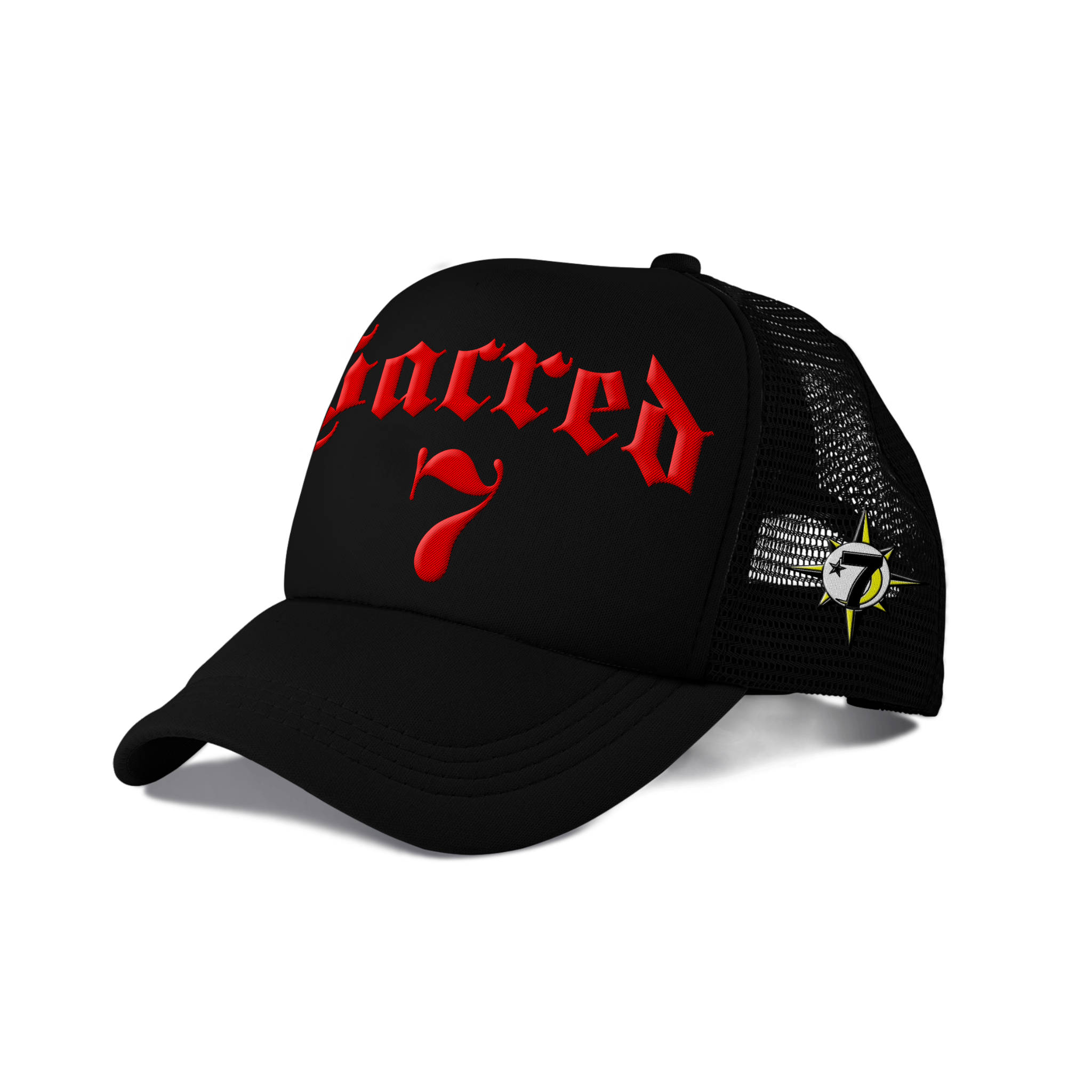Sacred 7 Embroidered Trucker - Black On Red