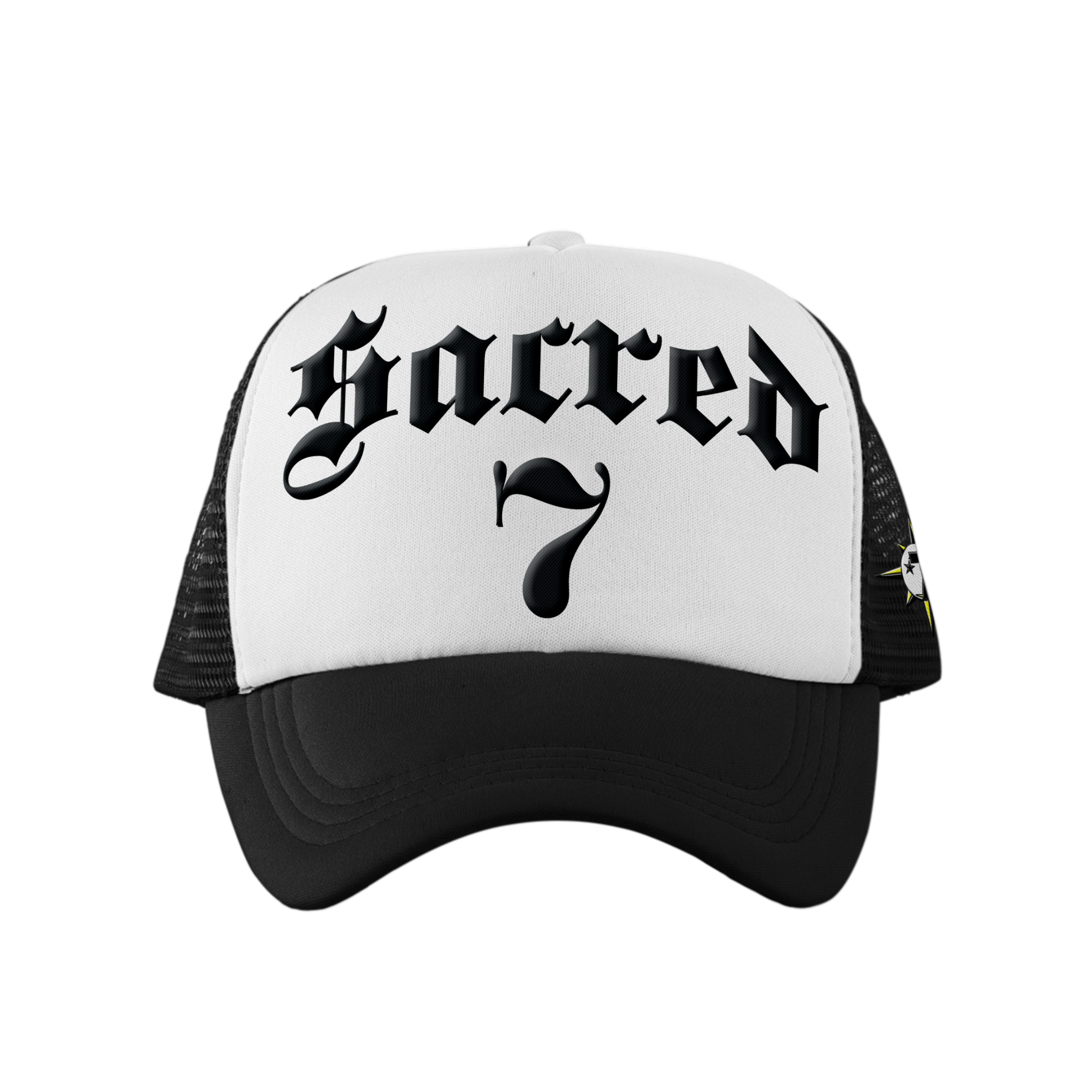 Sacred 7 Embroidered Trucker - Black & White W/ Black