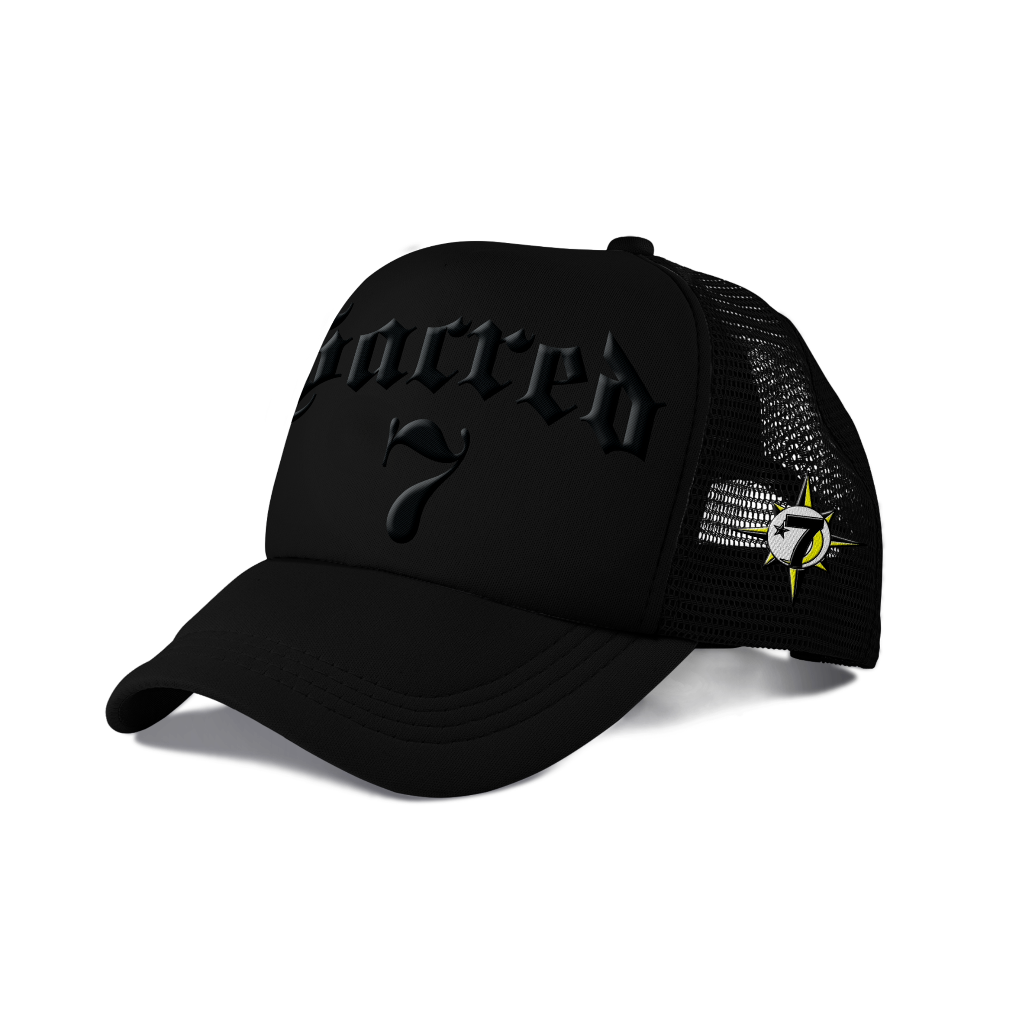 Sacred 7 Embroidered Trucker - Black On Black